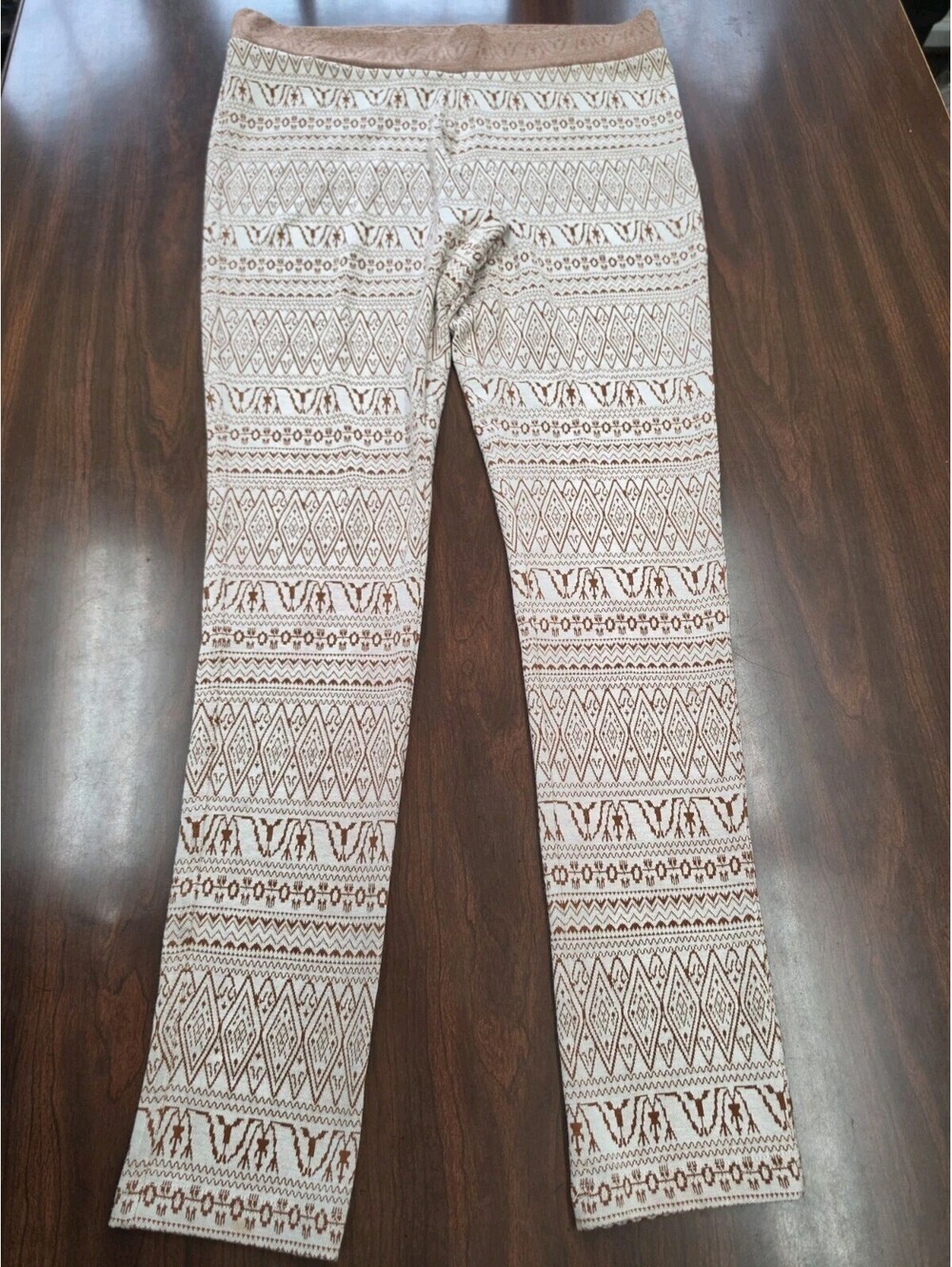 Kavu Fair Isle Leggings Womens L Tan Cream Nordic Aztec Stretch Cozy Boho Casual